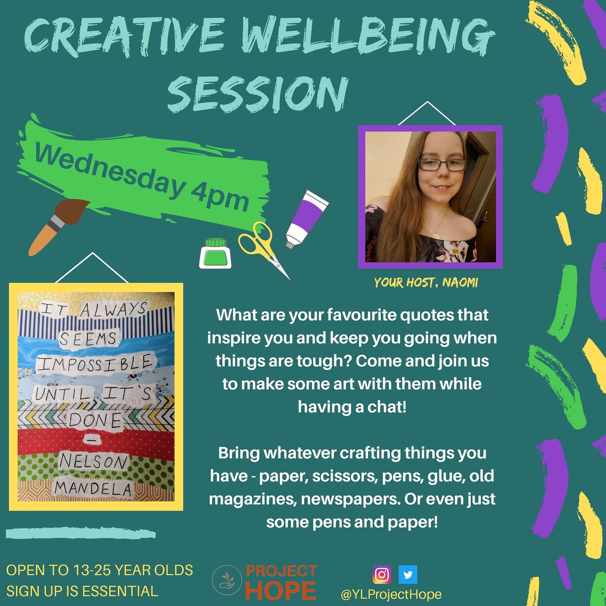 ylprojecthope's tweet photo. Join us on Wednesday for a relaxing afternoon doing arts and crafts! 👩‍🎨

Open to 13-25 year olds 😊 Use the link below to sign up 👇
https://t.co/rICxMBYvMQ

#YLProjectHope #ProjectHope #ArtsAndCrafts #Crafts #Quotes #YoungPeople #Social #Wellbeing #WellbeingSession #Creative https://t.co/CgA5x4oPoN