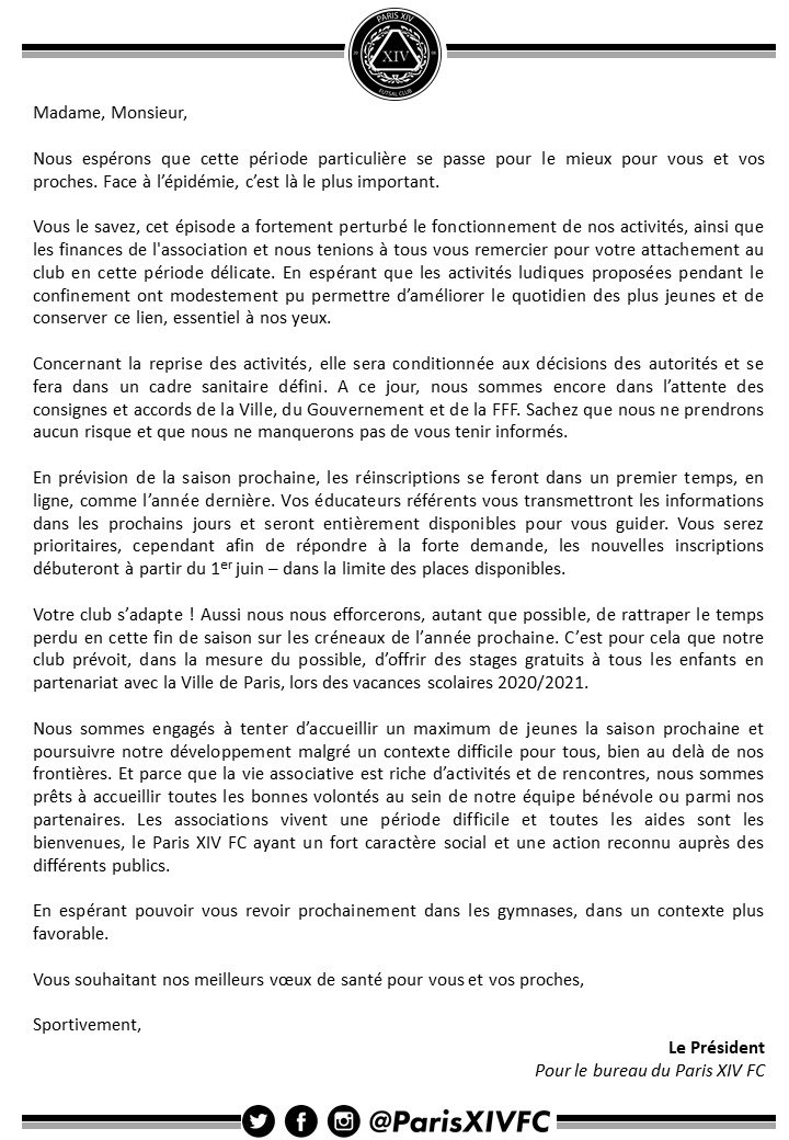 Paris_XIV_FC's tweet photo. Et maintenant ?

La saison 2021 se prépare dès aujourd’hui. Inscriptions, stages, retour à là normal, on vous dit tout ✔️

🖤encore merci pour vos soutiens🖤

! Allez Paris XIV ! 

#Paris14 🦁 
#Futsal ⚽️ 
#ClubPopulaire 👏
#Ensemble 🤝
#Solidaires 😷 
#ATresVite 😍
#SeRelever 💪 https://t.co/CmPrrj54CP