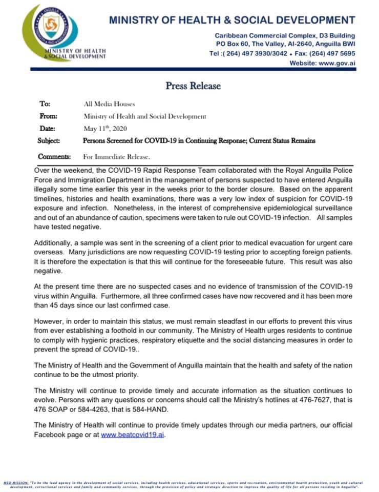 Press release from Anguilla’s Ministry of Health &amp; Social Development on the ongoing COVID-19 response