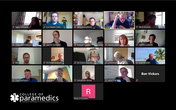 ParamedicsUK's tweet photo. For the next 2 hours our #ParaBoard will be discussing #MentalHealth and #Covid19 and of course some business as usual items on the Agenda today - our website, membership system, Board structure, #RotatingParamedic #paramedics and #PrimaryCare and our forthcoming AGM. #ParaFuture https://t.co/hRwfG5lCFC