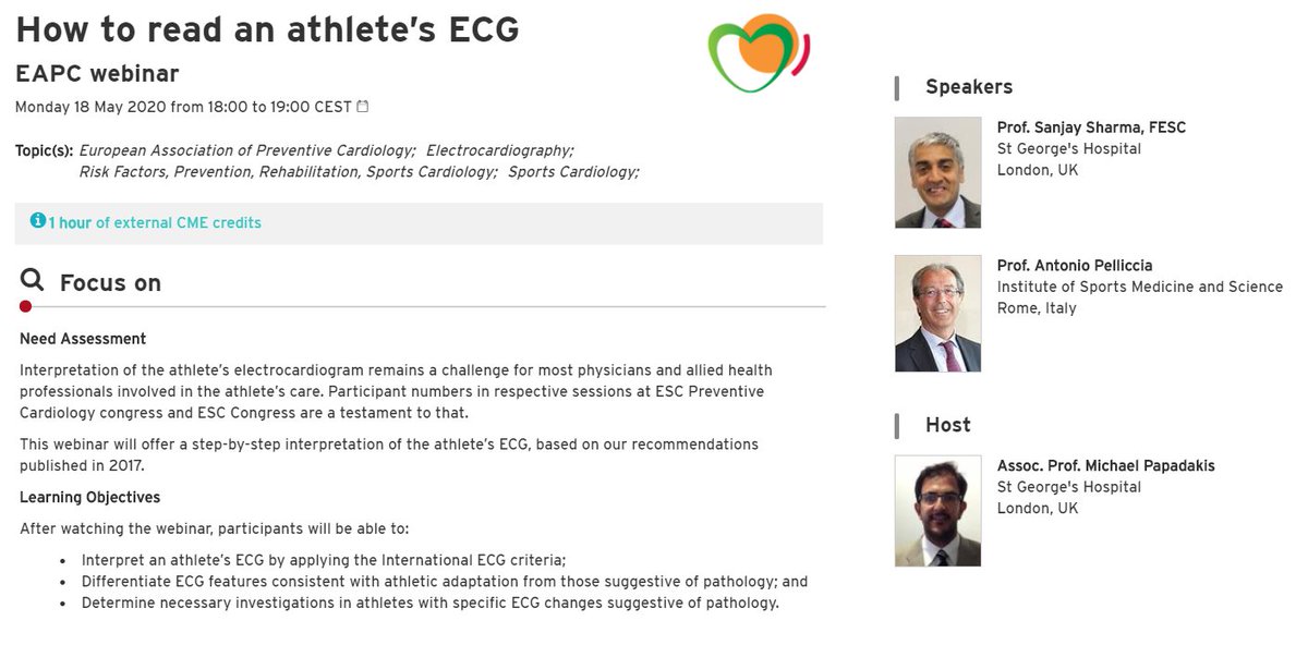 Next Monday <a href="/MichaelPapadak2/">Prof Michael Papadakis</a> will host a very interesting webinar in #sportscardiology: How to read an athlete's ECG.  With none other than <a href="/SSharmacardio/">Sanjay Sharma</a> and <a href="/antoniopellic10/">antonio pelliccia</a>. And above all, it is free for everyone. 

#EAPC_ESC #education #cvprev