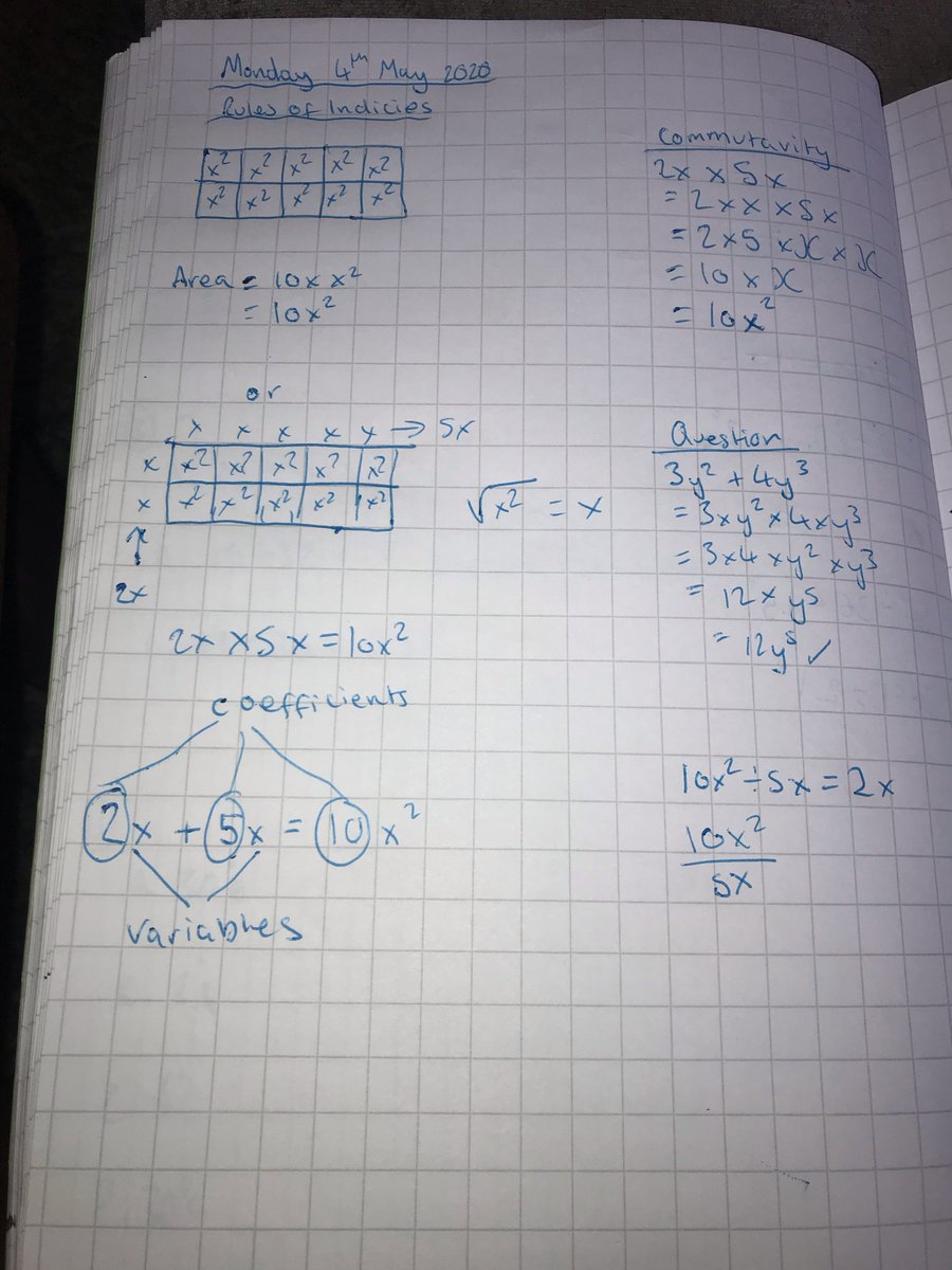 MathsOan's tweet photo. Miss Brown is so impressed with Joe's (Year 10) notes on rules of indices! #mathshomelearning https://t.co/A25i1zpiMN