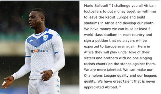empireofthekop's tweet image. Mario Balotelli sends a message to all African footballers. It's really, really sad that his experience of European football has left him feeling like this ⚽️