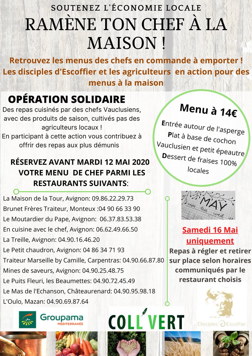 HeleneMorello's tweet photo. La caisse locale d'Avignon et la Fédération de Vaucluse @GroupamaMed  s'associent à l'#actionsolidaire et de #soutien à l'économie locale "ramène ton chef à la maison" et vous invitent à y participer. https://t.co/UDUrQBQEPZ