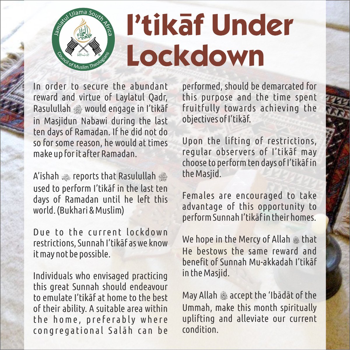 Jamiatsa's tweet photo. UPDATE | JUSA has released guidelines for I'tikāf under #LockdownSA.
#Ramadan #Sunnah #Itikaaf #Final10Days #lockdownsaextended
https://t.co/rJRmSleBi5 https://t.co/0gulpnvlpM