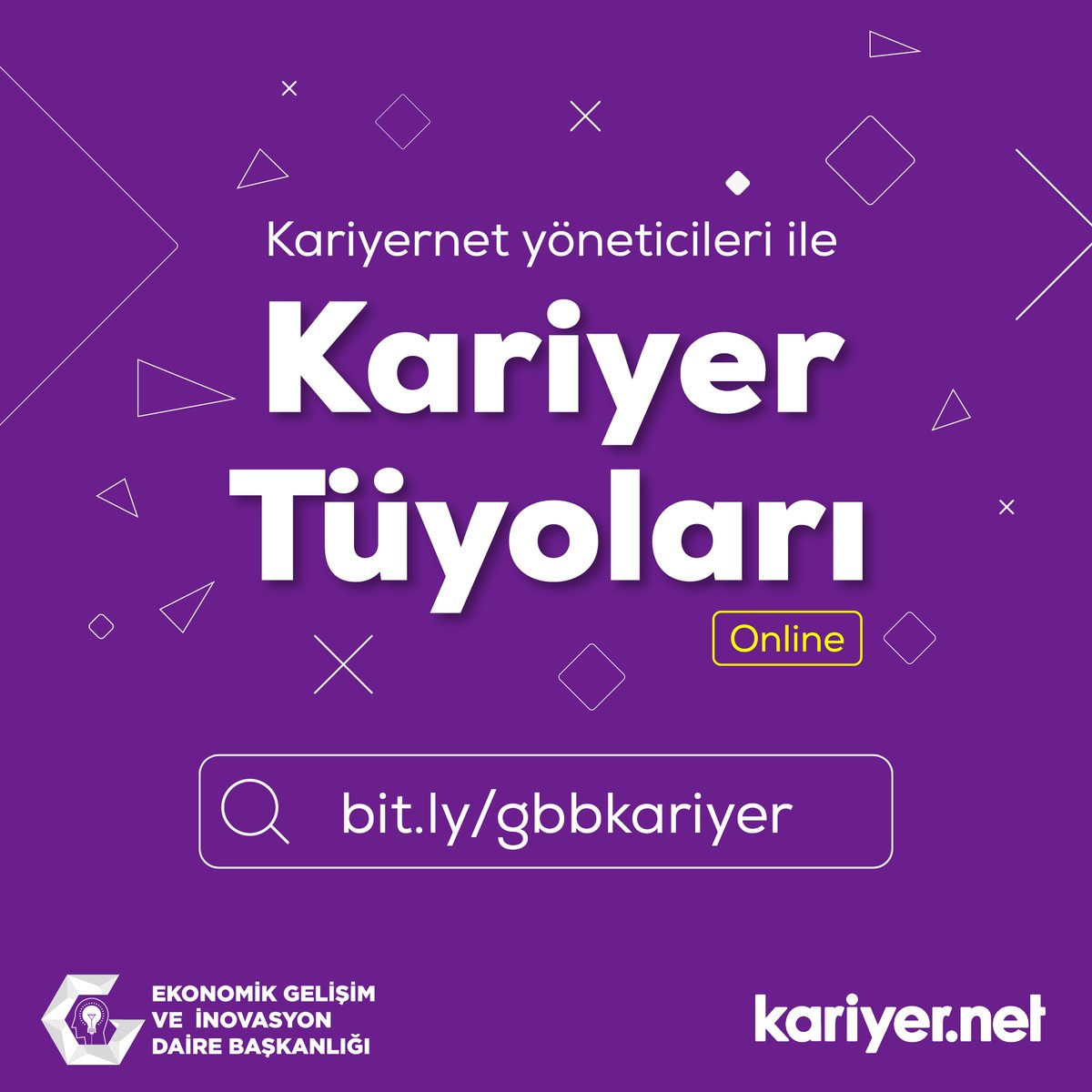 13 Mayıs 2020 14:00'da <a href="/kariyernet/">Kariyer.net</a> ve <a href="/gbbinovasyon/">GBB Ekonomik Gelişim ve İnovasyon D.Bşk.</a> işbirliğiyle hazırlanan online etkinliğe davetlisiniz. 🎉 
.
Başvuru: bit.ly/gbbkariyer
.
<a href="/FatmaSahin/">Fatma Şahin</a>
<a href="/GaziantepBeld/">Gaziantep Büyükşehir</a>
<a href="/sezercihan20/">Sezer CİHAN</a>
<a href="/beingInnovator/">Dr. Meryem Arslan</a>
.
#evdekal
#inovasyon
#kariyer
#girişimcilik