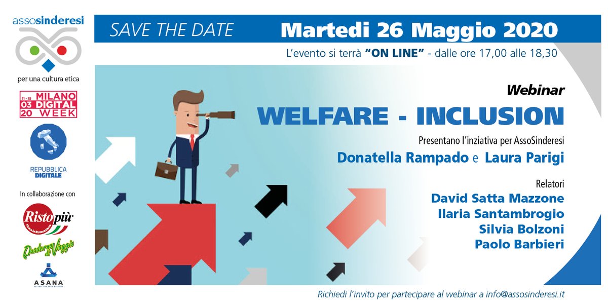 DRampado's tweet photo. 26 Maggio dalle 17,00 alle 18,30 Webinar "Welfare Inclusion" Fra i relatori Ilaria Santambrogio che ci parlerà della scienza della felicità. 
https://t.co/I2OFBYPN6F

#milanodigitalweek  @innovazionegov  #RepubblicaDigitale #welfareaziendale https://t.co/3jd7dknbwb