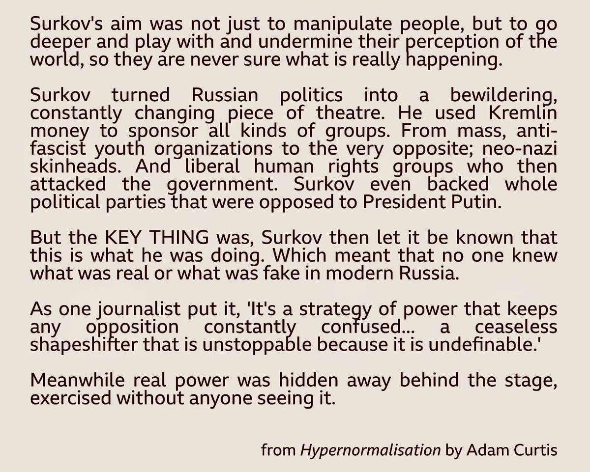 Is Cummings trying to turn UK into a “managed democracy” like Surkov attempted in Russia?We may never know.Adam Curtis says: “It's a Strategy of Power that keeps any opposition constantly confused, a ceaseless shape-shifting that is unstoppable because it is indefinable." /34