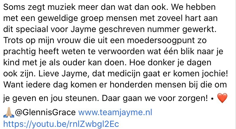 Ontzettend bedankt Jim, Glennis en Nicky <a href="/nickyromero/">Nicky Romero</a> voor dit prachtige nummer voor Jayme! We hebben er geen woorden voor..💗
#teamjayme2020 #dankbaar
🌎teamjayme.nl

‘Ik kijk naar jou’ <a href="/JimBakkum/">Jim Bakkum</a> &amp; <a href="/GlennisGrace/">Glennis Grace</a> 
👉m.youtube.com/watch?v=rnlZwb…
