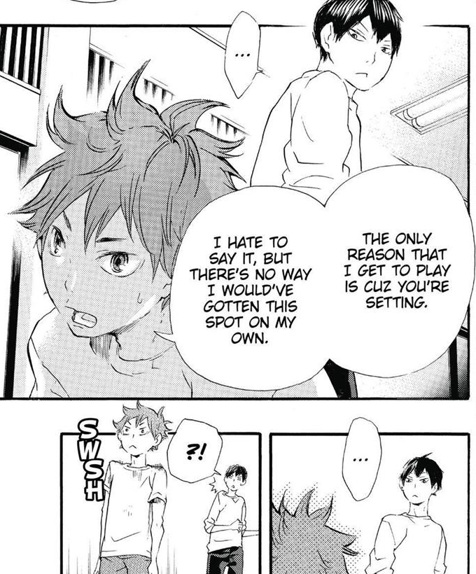 hinata is a character with a dilemma. he wants to prove his worth as a individual player and struggles with inferiority, esp. wrt kageyama. he knows this, and he is reminded of this, notably by washijou.