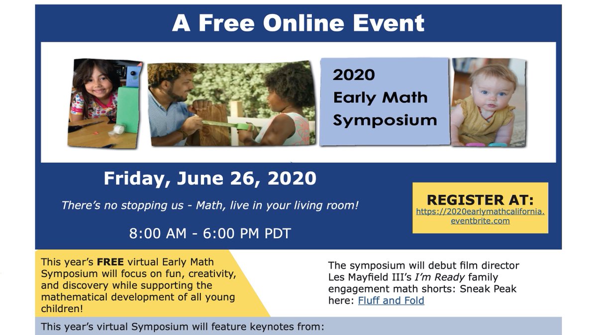 EarlyMathCA's tweet photo. Join us and thousands around the world, for a fun and inspirational day, Friday June 26 - 4th Annual Early Math Symposium. We will be coming to you live and virtually in your living room or office or park or wherever! Register NOW! https://t.co/54fBPoLqKq
#ECE #Virtuallearning https://t.co/Dfj01iOwDG
