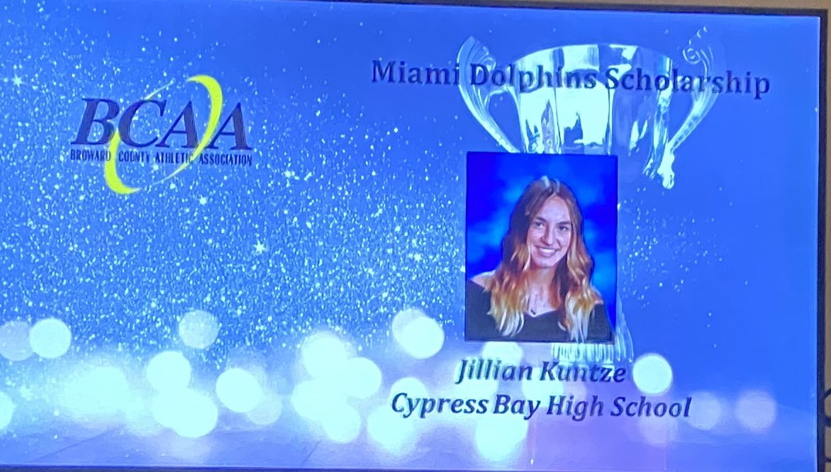 Congratulations to <a href="/CB_Softball/">Cypress Bay Softball</a> senior Jillian Kuntze for receiving a <a href="/MiamiDolphins/">Miami Dolphins</a> scholarship! You are amazing—and thanks to the Dolphins for this recognition. #finsup <a href="/LONNYSHAPIRO/">Impact Bat</a> @PrincipalCBHS <a href="/CB_Athletics/">Cypress Bay Careers in Sports Club</a> <a href="/BCAA_Sports/">BCAA Sports</a> ⚡️🥎🎓🥳
