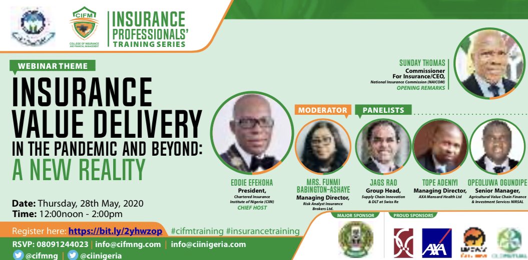 Zoom webinar invitation  - Insurance Value Delivery in the Pandemic and Beyond: A New Reality.  
May 28, 2020 12:00 PM West Central Africa 
Topic: Insurance Value Delivery in the Pandemic and Beyond: A New Reality 
Register in advance for this webinar: 
zoom.us/webinar/regist…