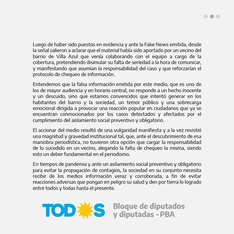 soleaalonso's tweet photo. Respaldamos a lxs intendentes @mayrasmendoza y @jorgeferraresi ante las Fake News del Grupo Clarín (TN) en prime time con una clara intención de alterar el orden público de las audiencias en contexto de cuarentena.

@FrenteTodos_PBA https://t.co/8OcUvEsvIv