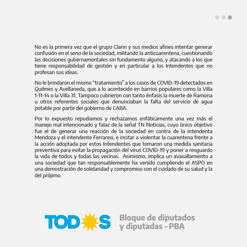 soleaalonso's tweet photo. Respaldamos a lxs intendentes @mayrasmendoza y @jorgeferraresi ante las Fake News del Grupo Clarín (TN) en prime time con una clara intención de alterar el orden público de las audiencias en contexto de cuarentena.

@FrenteTodos_PBA https://t.co/8OcUvEsvIv
