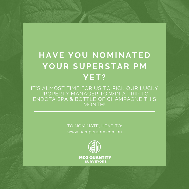 It's almost time for us to select our next winning Property Manager!
Don't forget to nominate that someone special to go into the draw to win a bottle of Champagne and a trip to Endota Spa!

Nominate Here 👇
pamperapm.com.au

#propertymanager #pamperapm #MCGQS