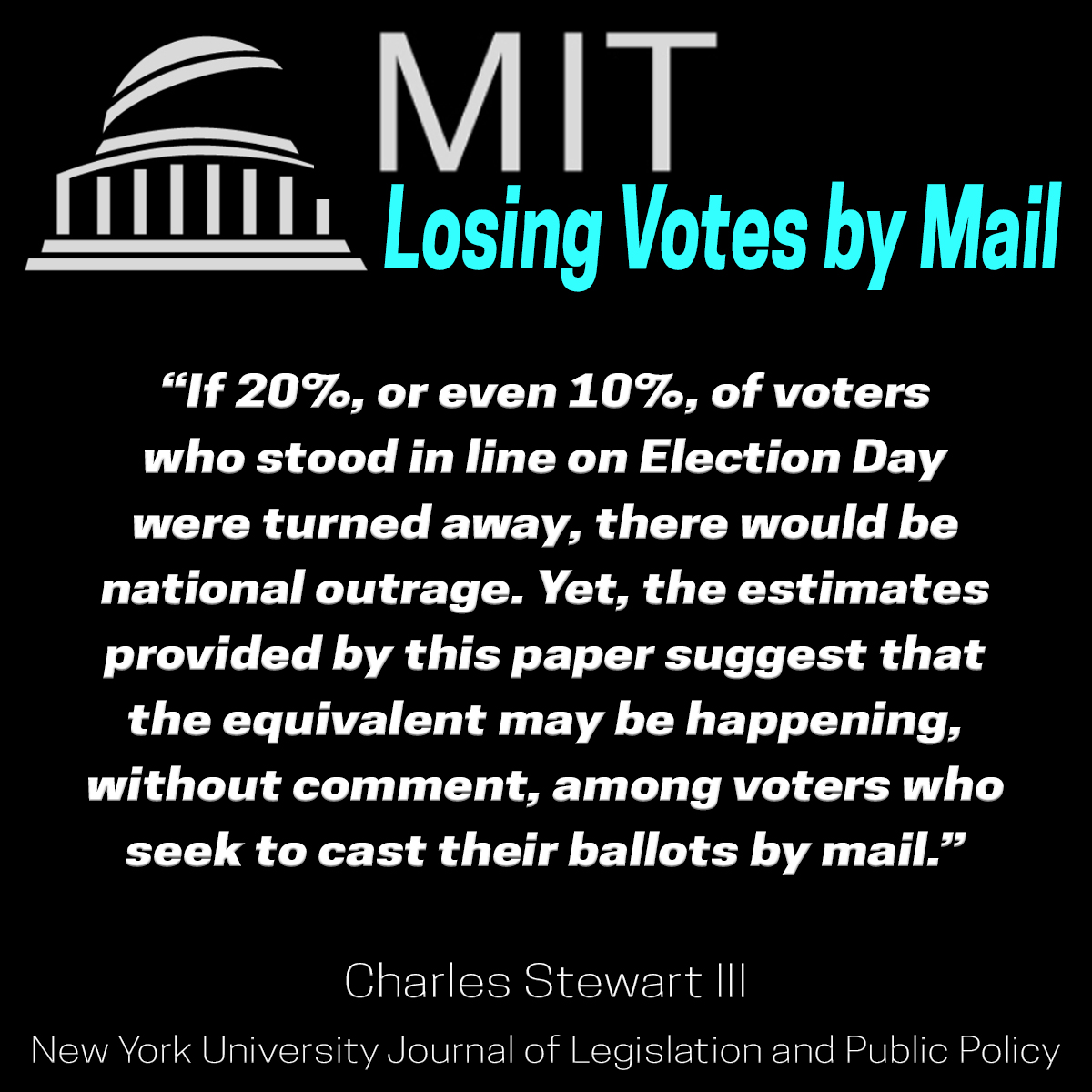 However, what Twitter fails to mention is that the GOP has a nasty habit of using the mail-in voting system to commit election fraud.An MIT study, Losing Votes by Mail, found that a breathtaking 22% of mail in ballots never get counted.
