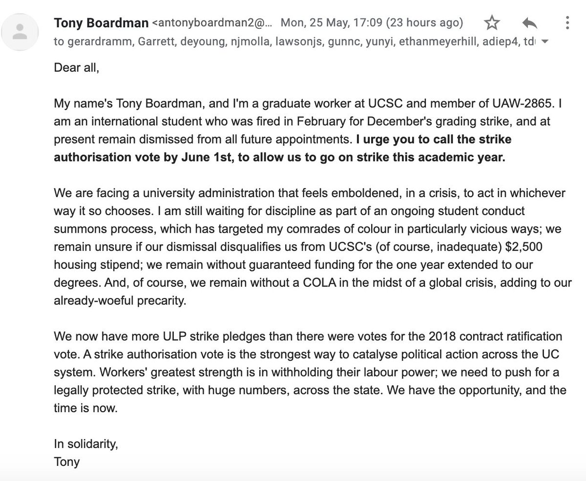 this is the email i wrote to the UAW-2865 bargaining team. there have been 100s of others, but bargaining team members on all UC campuses need to hear from their rank-and-file that we need a strike authorisation vote right now.<a href="/ucd4cola/">UCD4COLA #FreePalestine</a> <a href="/payusmoreucb/">UC Berkeley 4 COLA!</a> <a href="/UCM4COLA/">UCM4COLA</a> <a href="/UCR4COLA/">UCR4COLA</a>
