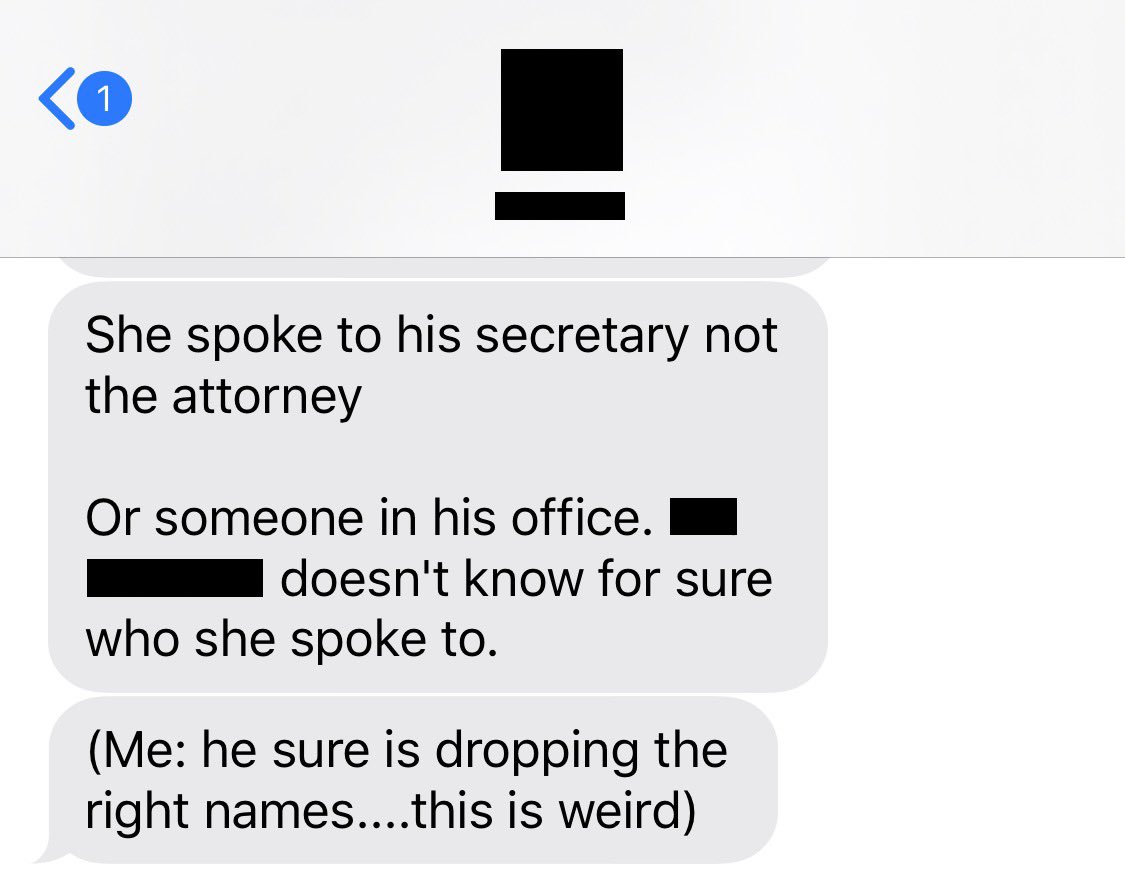 Then the next 2 messages come in, and my lawyer friend is thinking the same thing as me with the name-dropping 