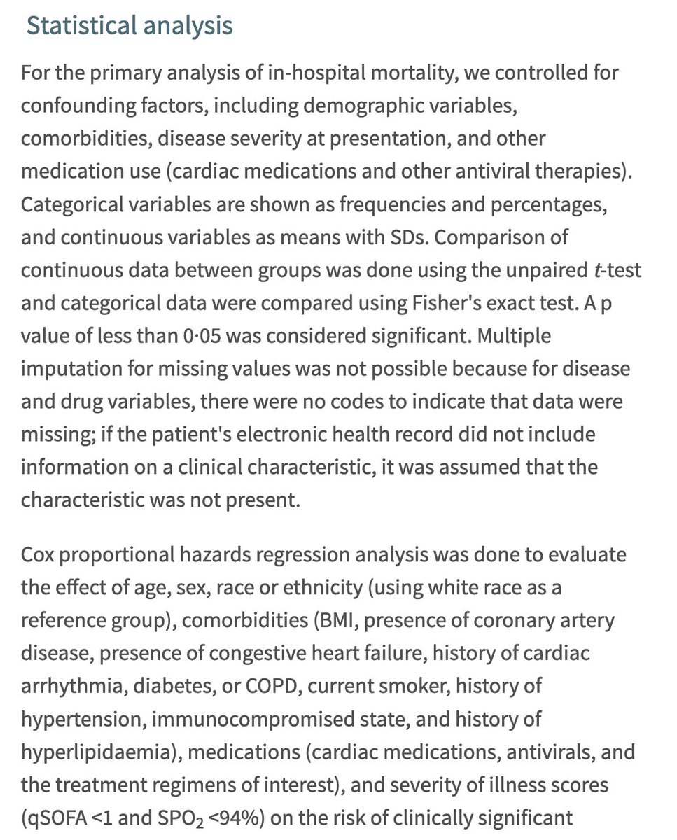 1/ L'article paru dans The Lancet est basé sur un traitement statistique aussi propre que possible des facteurs pouvant affecter la comparaison entre groupes. https://www.thelancet.com/journals/lancet/article/PIIS0140-6736(20)31180-6/fulltext#seccestitle80