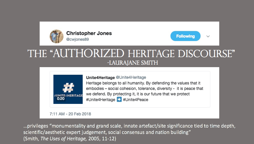 Why does this matter? These examples of "living with heritage" may differ from what anthropologist Laurajane Smith has called the "Authorized Heritage Discourse" - often embraced by  @UNESCO and others.  https://twitter.com/cwjones89/status/965936978675019776?s=20