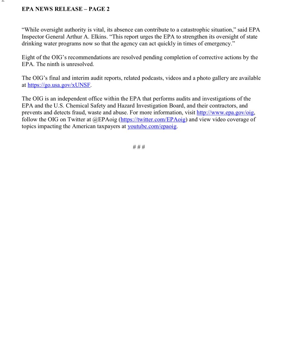 To be fair President Obama shepherding of various bills & financial request. At least Obama tried whereas Trump DGAF & has done next to 0Report: Management Weaknesses Delayed Response to Flint Water CrisisReport #18-P-0221, July 19, 2018 https://www.epa.gov/sites/production/files/2018-07/documents/_epaoig_20180719-18-p-0221.pdf