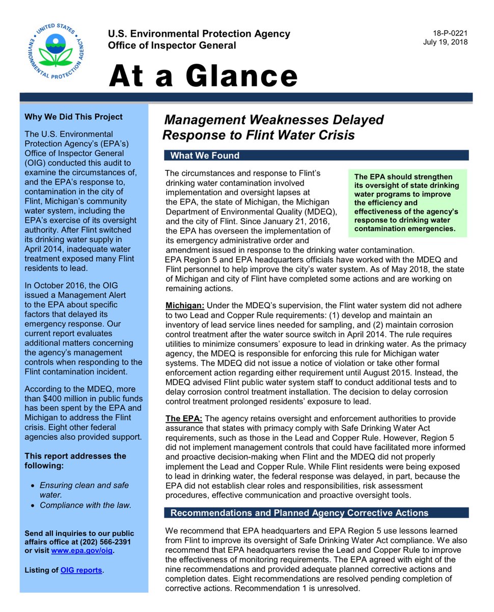 To be fair President Obama shepherding of various bills & financial request. At least Obama tried whereas Trump DGAF & has done next to 0Report: Management Weaknesses Delayed Response to Flint Water CrisisReport #18-P-0221, July 19, 2018 https://www.epa.gov/sites/production/files/2018-07/documents/_epaoig_20180719-18-p-0221.pdf