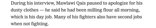 Many fighters, and even senior commanders, actually held regular jobs alongside the soldiering duties. This has major implications for how we think about vocational training and employment programs as tools for "winning hearts & minds" and shifting opportunity costs of rebellion