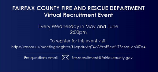 ffxfirerescue's tweet photo. Interested in a dynamic career where you can make an impact on your community? #FCFRD would like to invite you to a Virtual Recruitment Event to discuss your new career! Will be each Wednesday at 2 pm (EST) tomorrow through June. Register:  https://t.co/4kH32Lutxv #JoinTeamFCFRD https://t.co/arTV9tLuvh
