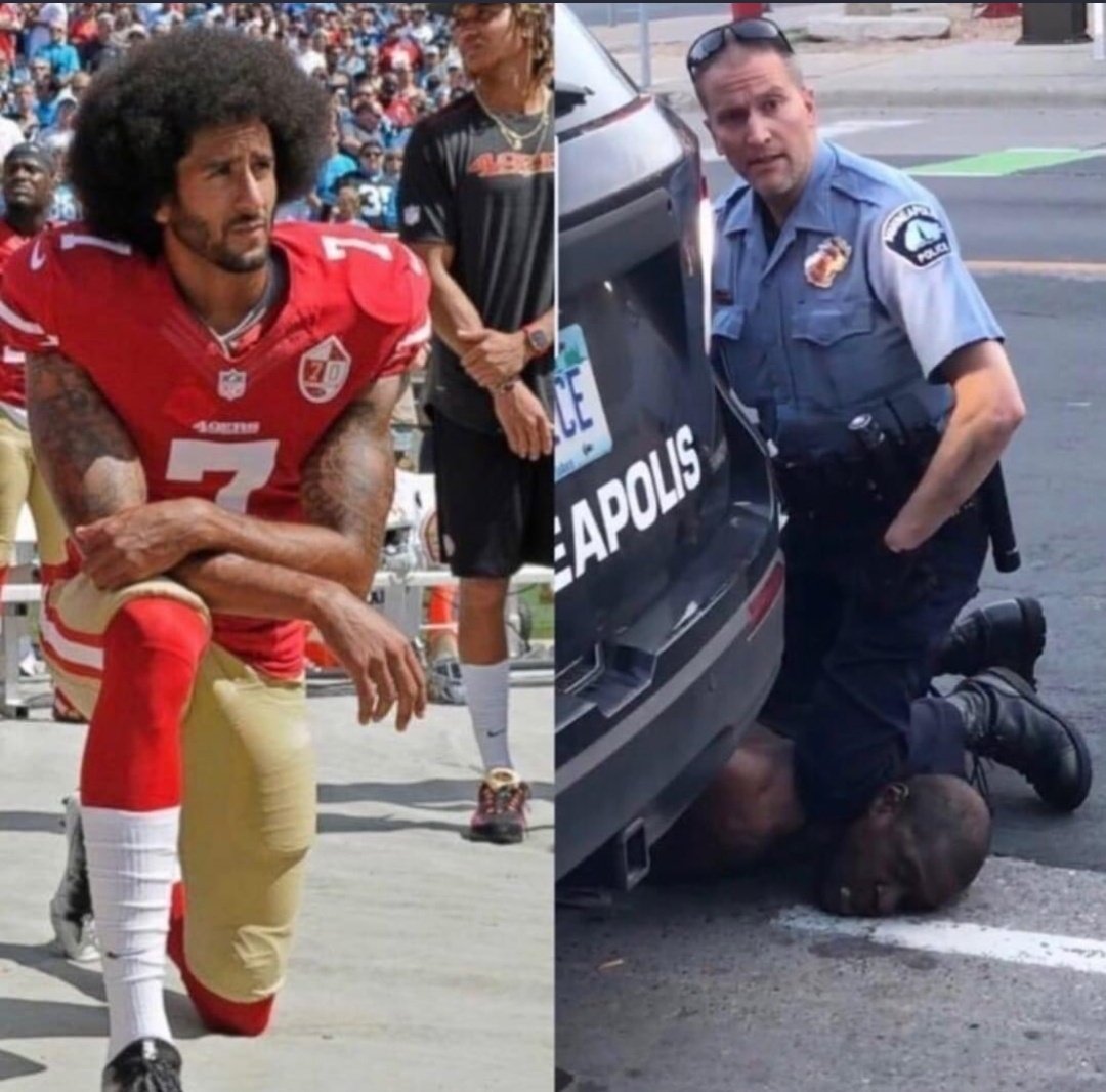  #ColinKaepernick est un joueur de football américain qui a lancé un mouvement de protestation contre le  #racisme et les  #ViolencesPolicieres subis par les Noirs Américains.Il s'est agenouillé lors de l'hymne national le 26 août 2016.