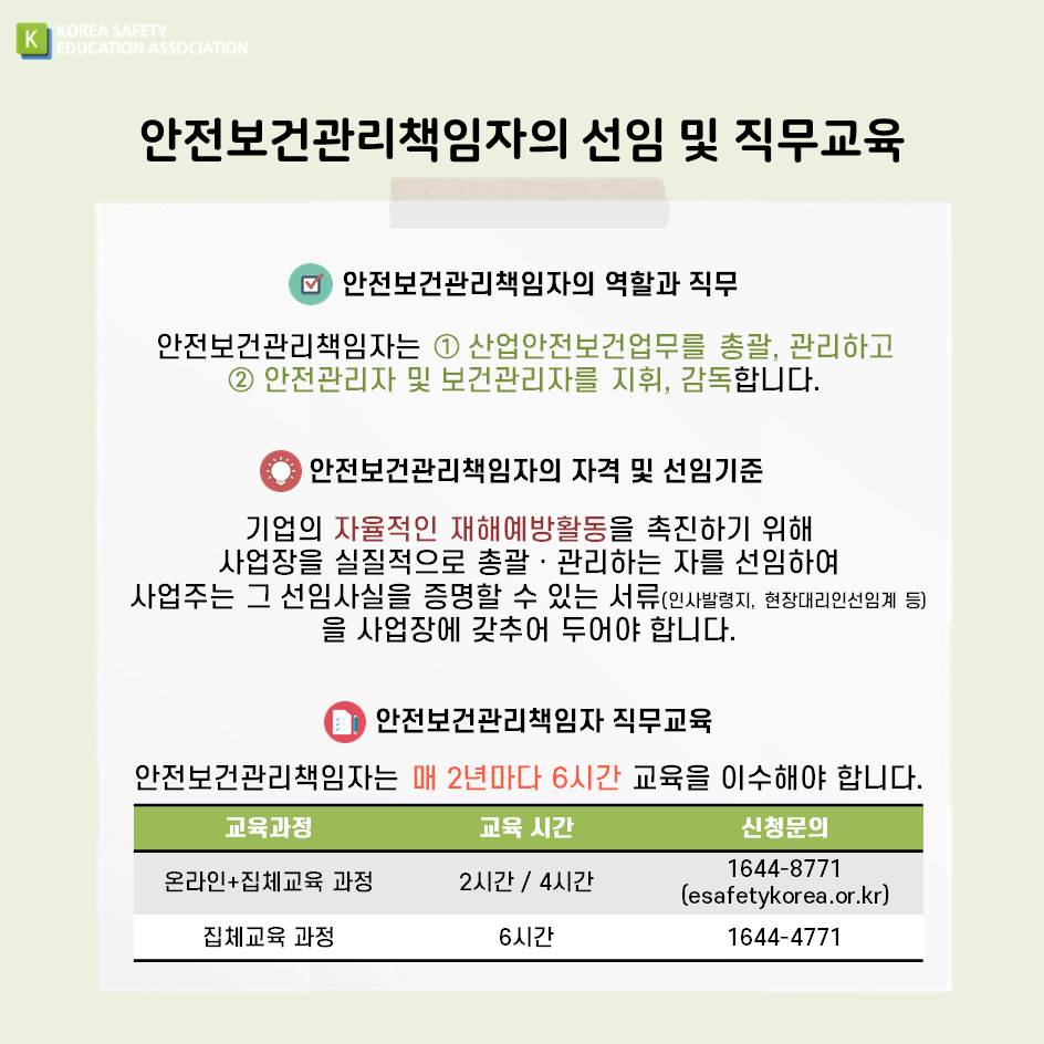 safety900's tweet image. [대한안전교육협회] 사업장 안전보건관리
사업장의 안전보건관리를 위한 체계와 교육에 대해 알려드립니다!
#대한안전교육협회 #안전보건교육 #사업장안전보건교육 #관리책임자교육 #관리감독자교육 #관리책임자 #관리감독자 #안전보건관리체계 #사업장산재예방