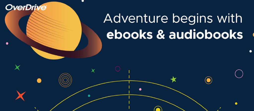 a graphic with an illustrated solar system in the background