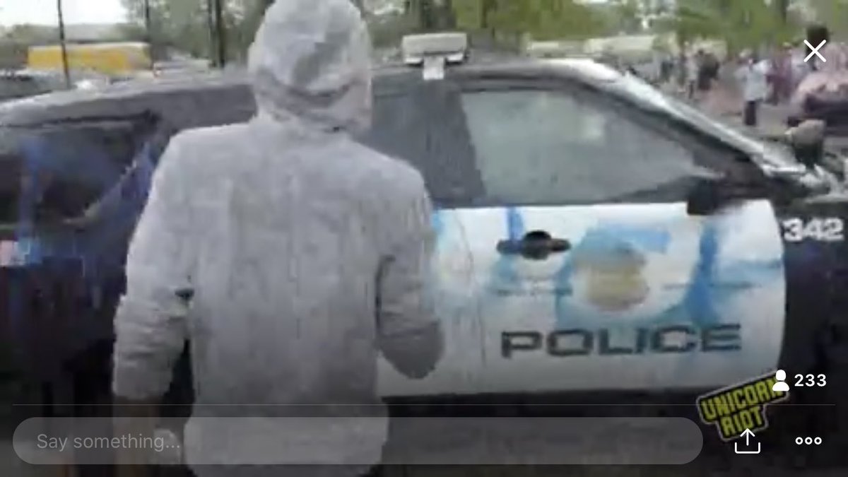 Beautiful scenes of rebellion and rage outside the third precinct station in Minneapolis. “Fuck police” graffiti on a squad car in honor of  #GeorgeFloyd. Screenshot from  @UR_Ninja livefeed