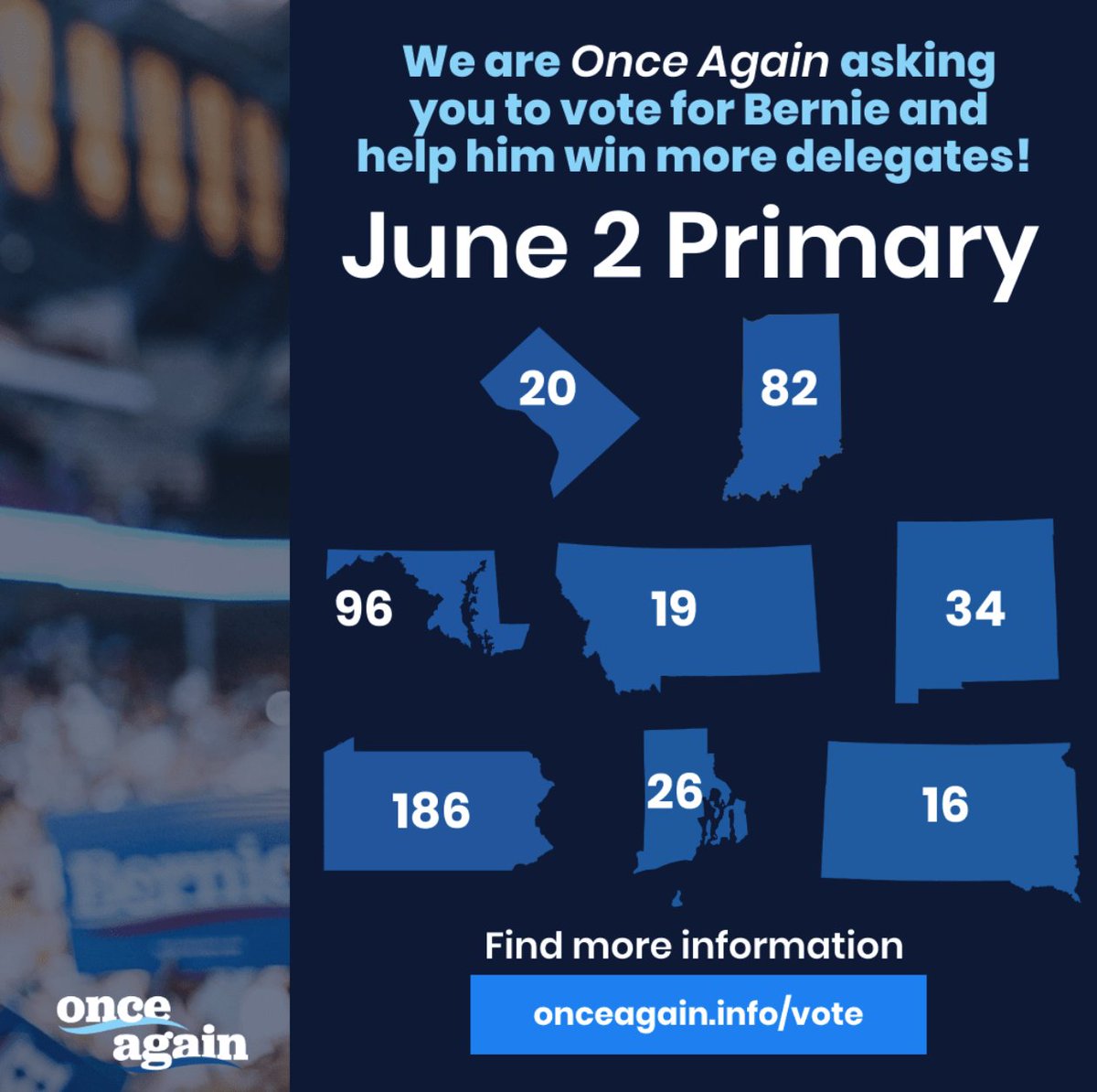 TheEricaEngland's tweet photo. Bernie is still on the ballot! I am #OnceAgain asking you to vote for Bernie Sanders by June 2 if you live in: DC, Indiana, Maryland, Montana, New Mexico, Pennsylvania, Rhode Island, South Dakota, or the Virgin Islands.
 #BernieSuperTuesday #OnceAgain https://t.co/8pn3KZz7s3
