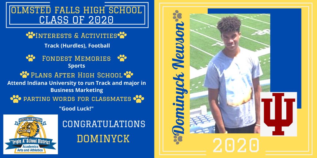 ofhsbulldogs's tweet photo. Senior Spotlight: Congratulations Dominyck Newson, a graduating senior from the Olmsted Falls HS Class of 2020. We're proud of you! Good luck! Watch for more spotlights every day in May! @OFCSDistrict @OFHSLeoSpagnola @fallsclass2020 #OFClassof2020 #TheBulldogWay https://t.co/B0kAldy2aZ