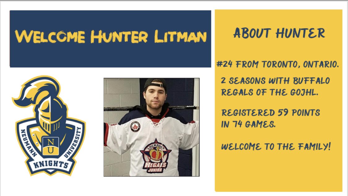 NeumannMIH's tweet photo. Hunter Litman is a forward and joins the Knights from the @GOJHL. Hunter spent his past two seasons with the @BuffaloRegalsJR registering 59 points in 74 games played. This past season, Hunter was third on the Regals in points, Welcome to the family! https://t.co/WSUiZuacLw