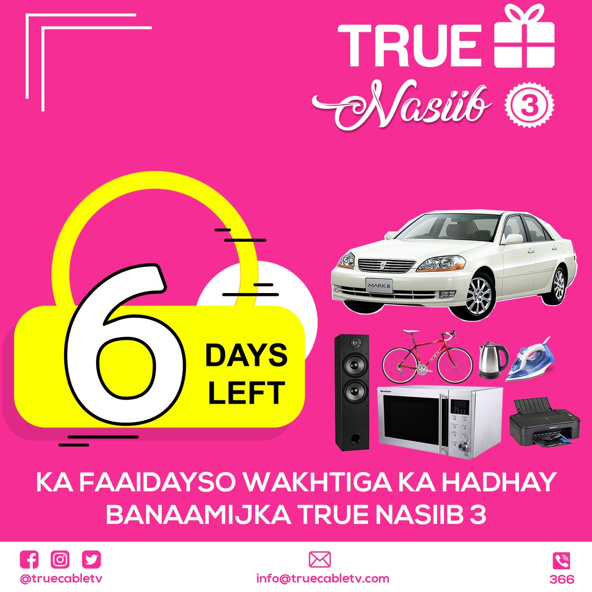 truecable's tweet photo. 6 malmood oo kaliya ayaa ka hadhay truenasiib 3

Shuruudaha Truenasiib 3
Macmiil cusub: iibso receiverka truecable oo kushubo 6 bilood.
Macmiil hore: kushubo kaliya 6 bilood

ka faaiideyso, Truenasiib 3 waxaa ka hadhay oo kaliya 6 malmood. yaysan ku seegin fursadan qaaliga ah. https://t.co/t793DXgRbt