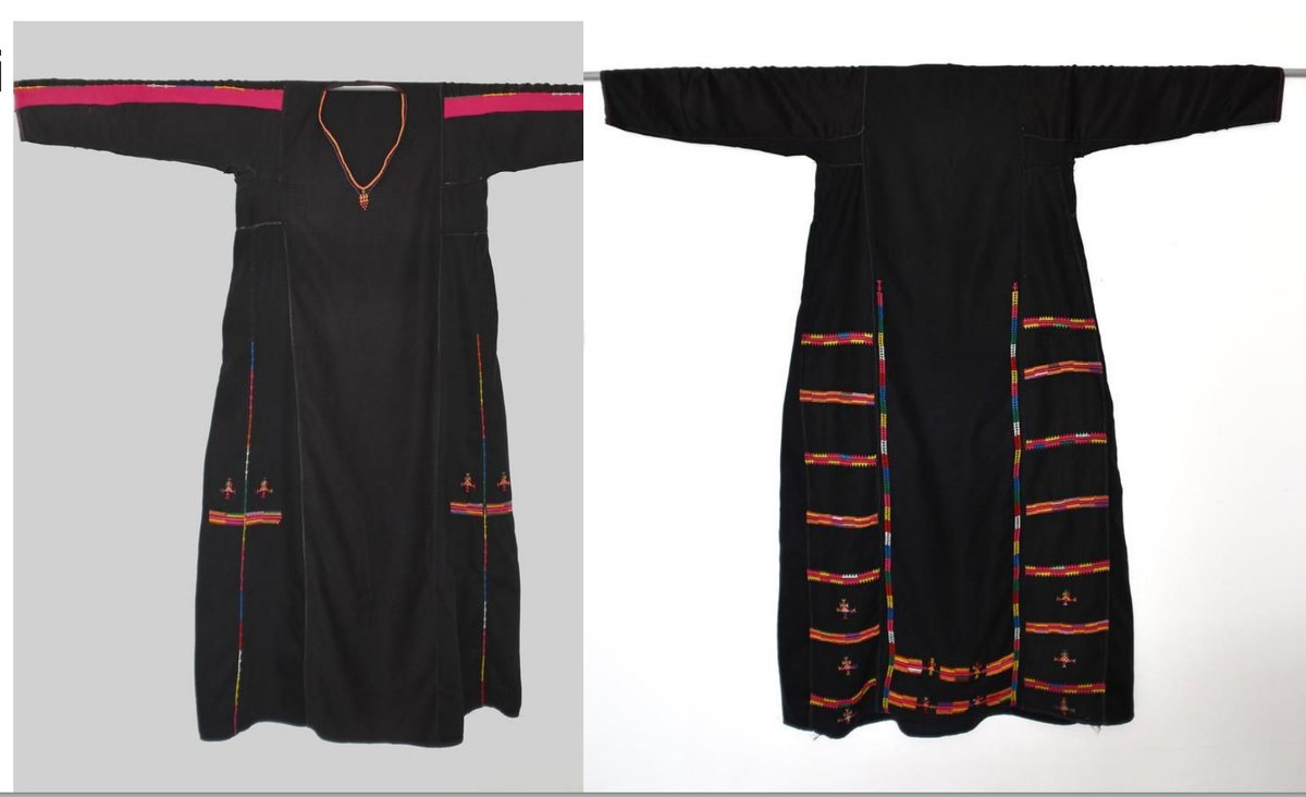 These dresses are from Sinai and share some elements with Palestinian traditional dress, in particular, the cross stitch patterns. The colors used on the dress often tell you if a woman is married, unmarried, or widowed.