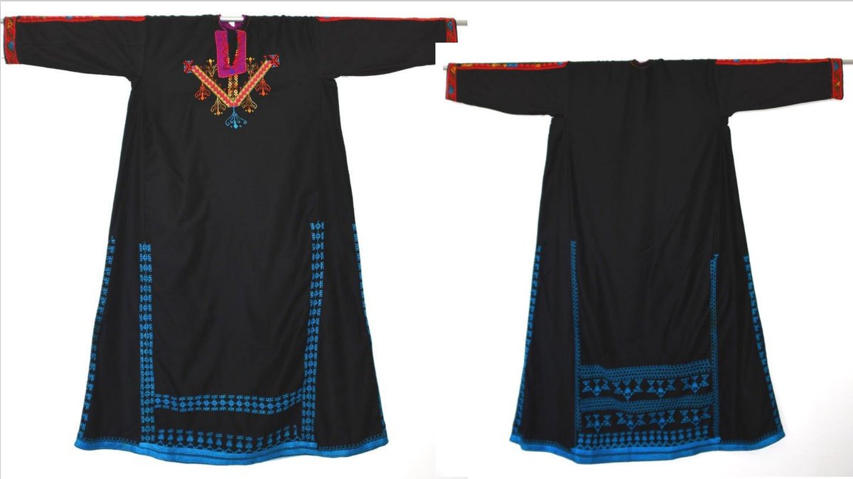 These dresses are from Sinai and share some elements with Palestinian traditional dress, in particular, the cross stitch patterns. The colors used on the dress often tell you if a woman is married, unmarried, or widowed.