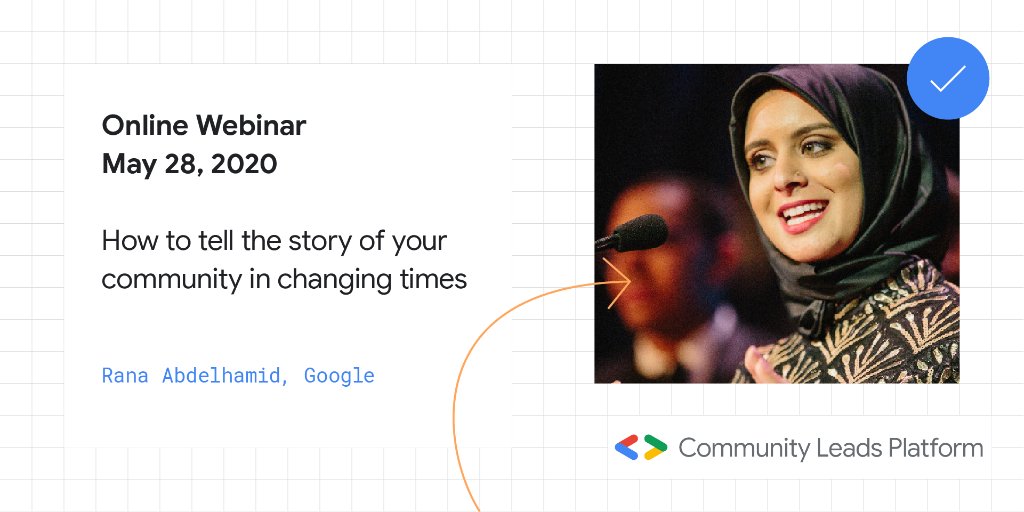 Join us this Thursday for a webinar hosted by <a href="/WomenTechmakers/">Women Techmakers</a> Global Marketing Lead @ranabdelhamid. ✨

She'll cover how to tell the story of your community during these changing times.

RSVP → goo.gle/2TCPQYM
#GDGAtHome