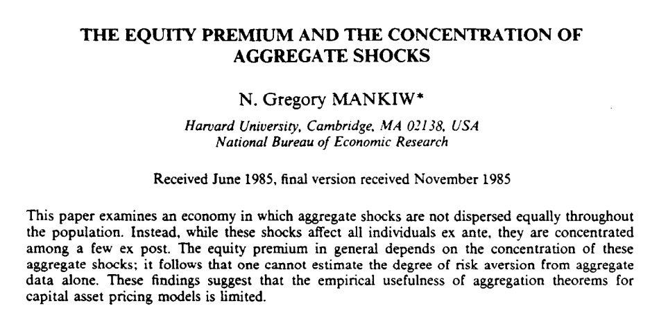 Next 20 years were ways of adding epicycles to get around the fact that stocks are volatile and consumption isn't. My personal favorite—"personal disasters" ie people lose their jobs in recessions. Starts with Mankiw, continues through Schmidt,  @sc_cath  https://twitter.com/arpitrage/status/1048156032030167051