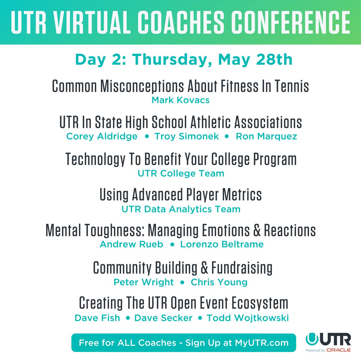 UTR_Sports_'s tweet photo. Connect with some of the leading minds in tennis at the 2-day UTR Virtual Coaches Conference!

Join live sessions run by Mark Kovacs, Warren Pretorius, Brian Boland, and many more this week from May 27-28. Space is limited, so register for free now: https://t.co/au9DHF5uwf 🎾💻 https://t.co/wufamACXcN