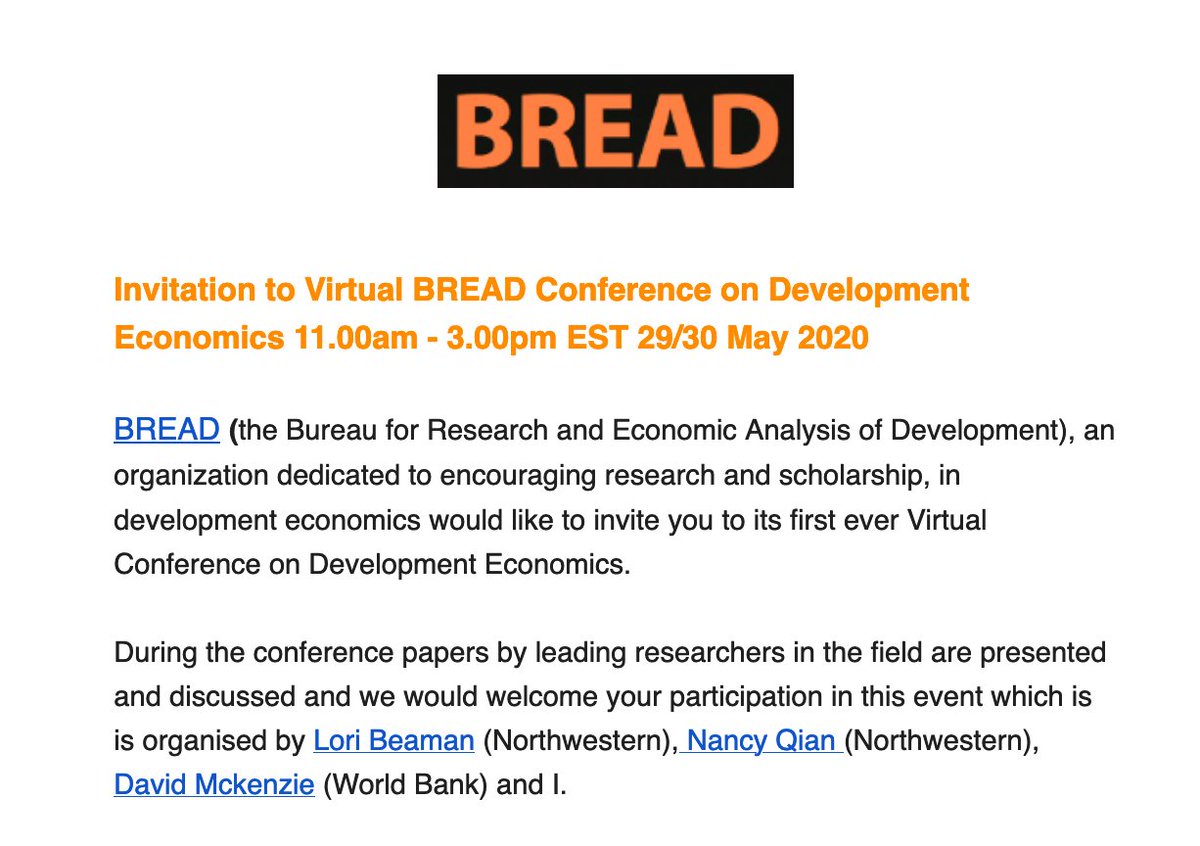 DinaPomeranz's tweet photo. Excellent news for development econ researchers worldwide:

The famous BREAD conference is this year for the first time online and accessible to all with internet.

It takes place this Fri/Sat 11am-3pm ET. Logistical information in the following tweet.

Please share widely

1/2 https://t.co/anNQ2TZBih