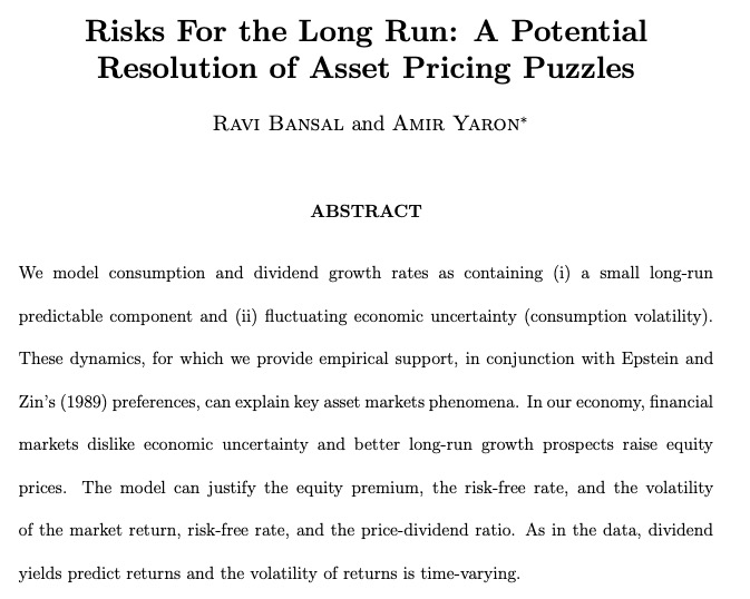 Or long run risk—even small changes to consumption forecast large changes in future cashflows, which people are averse to given preferences for early resolution of uncertainty