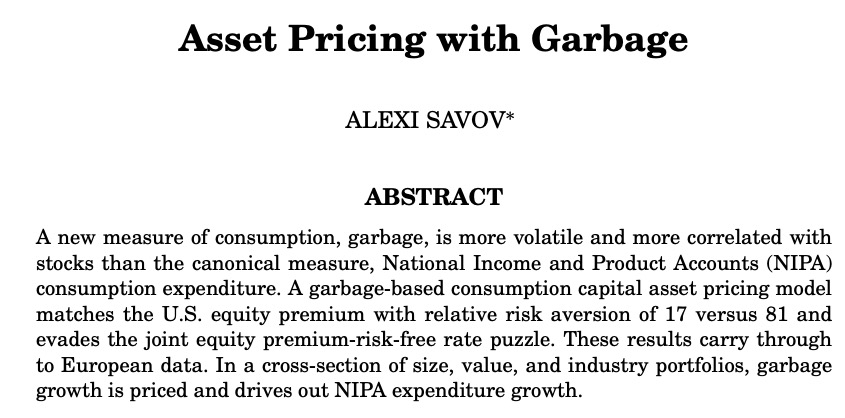 Or you can flip it around—why isn't consumption volatile, given asset prices are? Maybe mismeasured? So try asset pricing with garbage ( @azsavov) and without garbage (so all of asset pricing?). Smoothing of consumption series may play a factor, so use proxies or unsmooth.