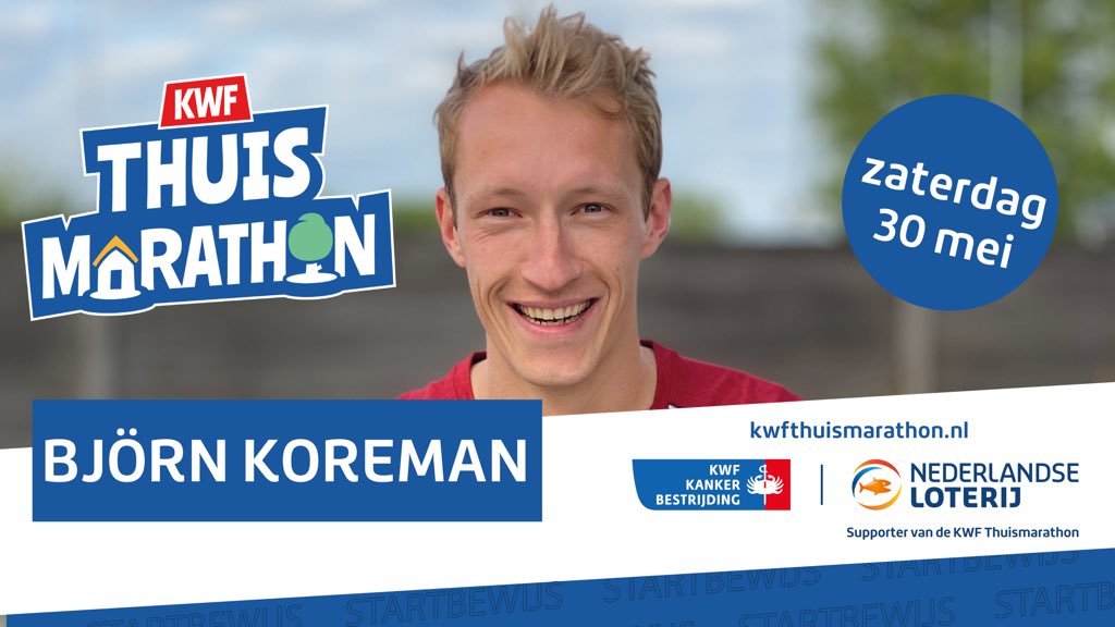 Altijd al eens samen met <a href="/BjornKoreman/">Björn Koreman</a> willen lopen? Doe dan zaterdag 30 mei mee en loop voor <a href="/kwf_nl/">KWFKankerbestrijding</a>🧡🏃🏼

✔️Bepaal jouw eigen afstand om te wandelen of rennen
✔️ Meld je aan bij het Oranje Peloton team via bit.ly/2THp29L
✔️ Samen in beweging

#KWFThuismarathon