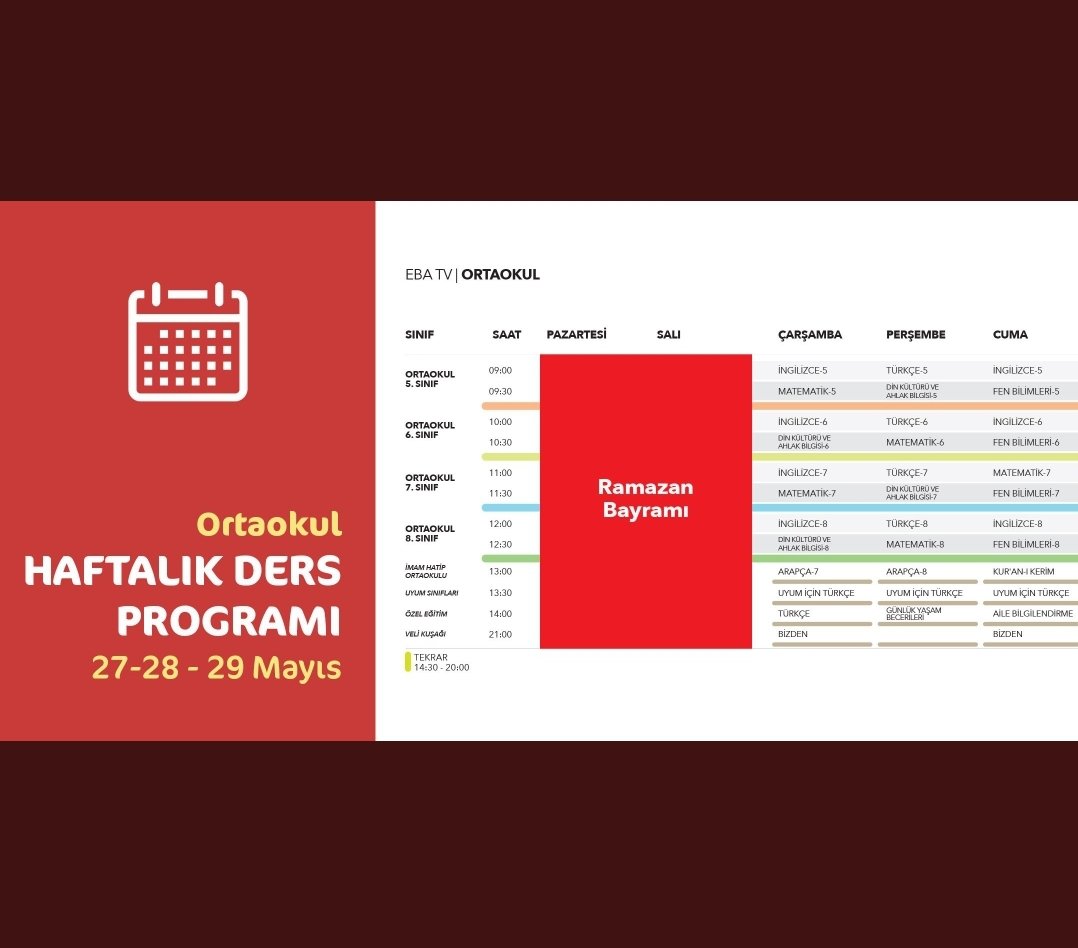 kutahyamem's tweet photo. 27-29 Mayıs EBA haftalık ders programı.
@tcmeb @ziyaselcuk @BasyigitHasann
#EvHayatDolu🏡 #TRTEBATV #ebadersprogramı https://t.co/BIABp7h1Cj