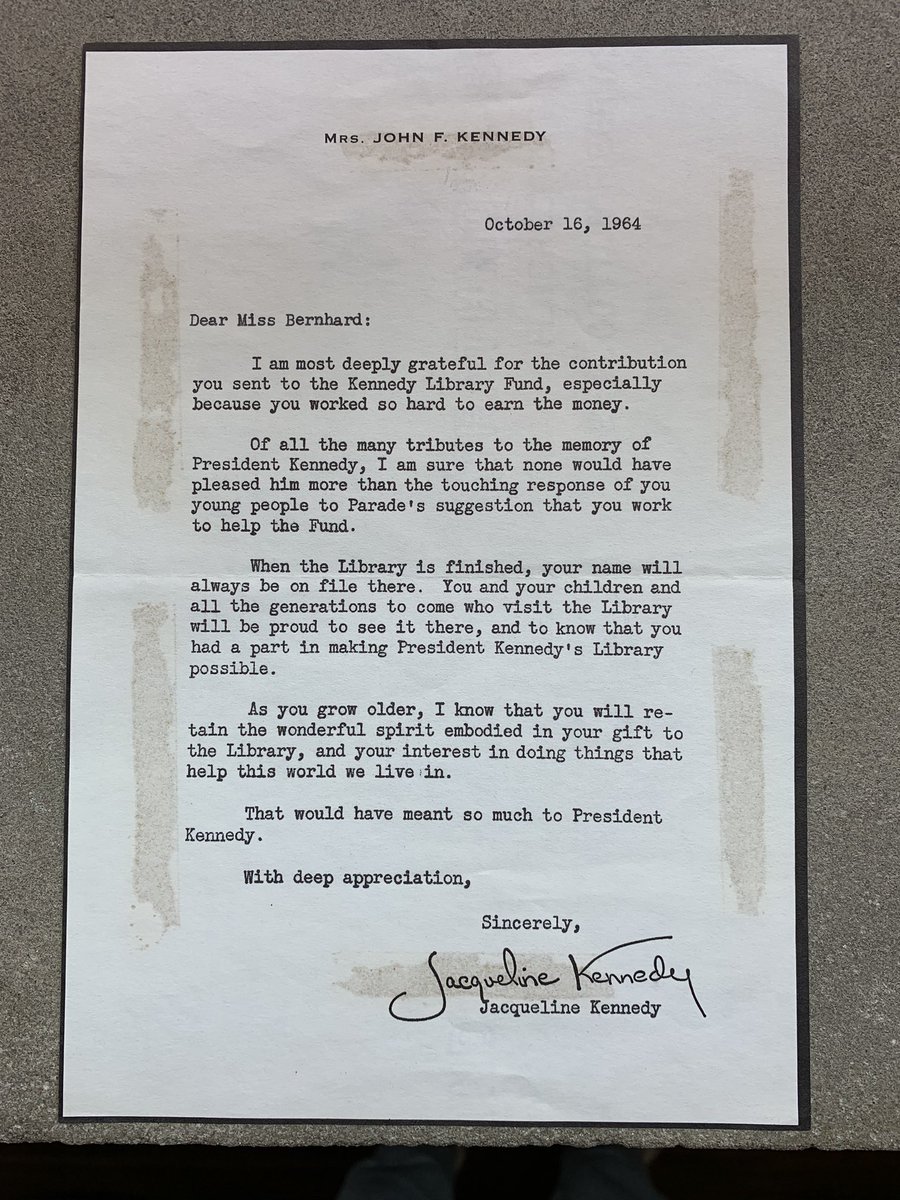 SandraBernhard's tweet photo. When I was 9 years old I donated $5 to the JFK library I received this thank you letter from Jackie on our move from Flint to Arizona it disappeared until today when I opened a box sent from brother who kept it after my Mom passed away it means so much from this great First Lady https://t.co/DDmz9G2Zvn