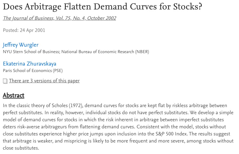 Remarkably, no one has quite done this before. There is a large literature on micro rebalancing—ie substitution between stocks, that suggests fairly sizable estimates. But this "macro" elasticity is more about substitution between stocks and, say, bonds