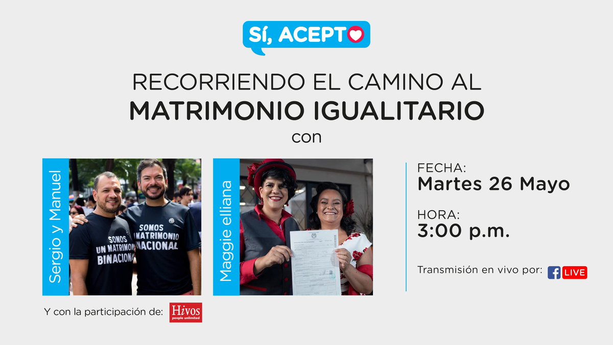 siaceptoCR's tweet photo. Les invitamos a conectarte en nuestro facebook en media hora para escuchar la historia de Sergio y Manuel de @HivosAmLatina y Margarita e Iliana.
#SiAceptoCR #IDoCR #UnPasoHistorico https://t.co/O5Rz5PaUIe